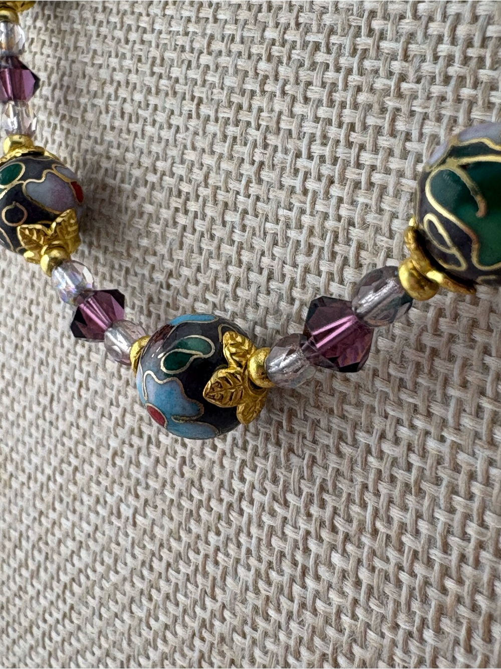 Purple Cloisonné Bead Necklace with Purple Crystal Accents 18-20’ - Picture 3 of 7